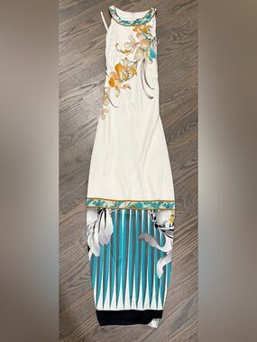 Elie Tahari Belted White Dress with Teal, Gold and Gray Floral Trim - Like New!